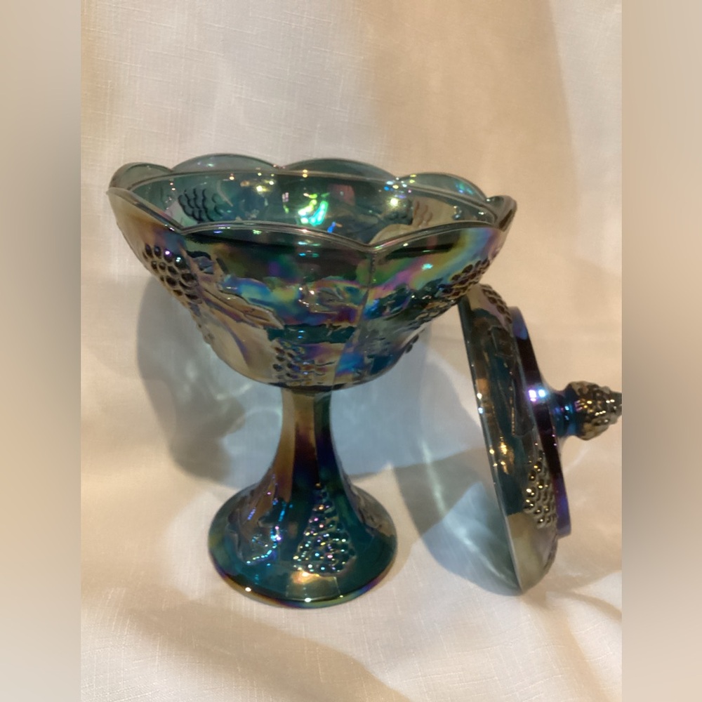 Vtg Indiana Glass Blue Carnival Harvest Grape Pedestal Lidded Compote/Candy Dish - Picture 2 of 4